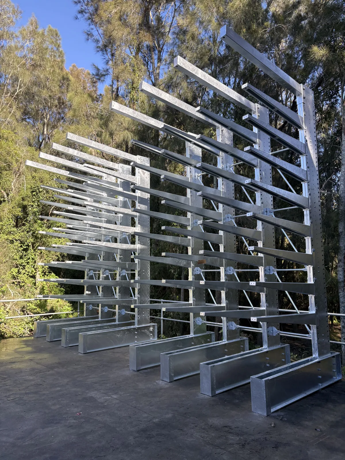Galvanised cantilever racking installed outdoors by the West Gosford team