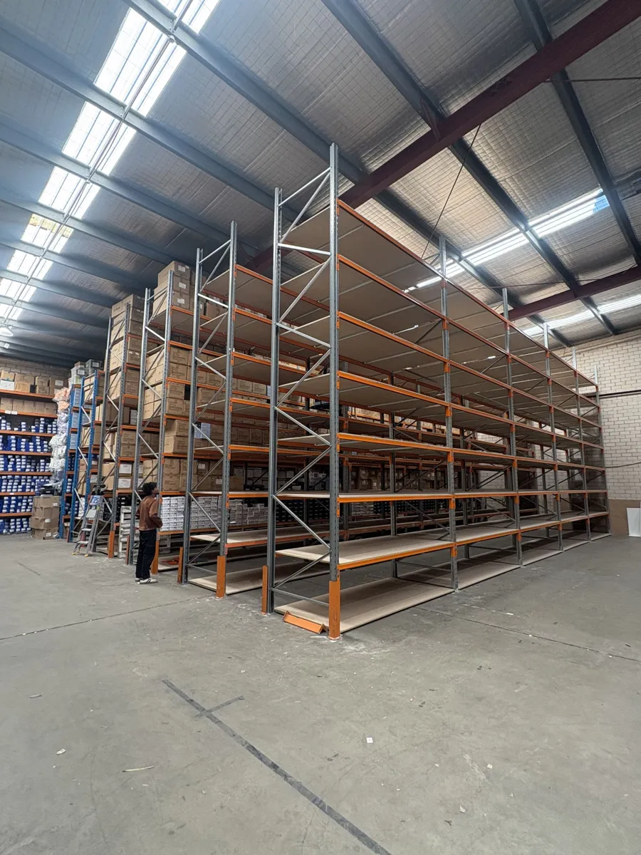Loaded pallet racking in a distribution warehouse